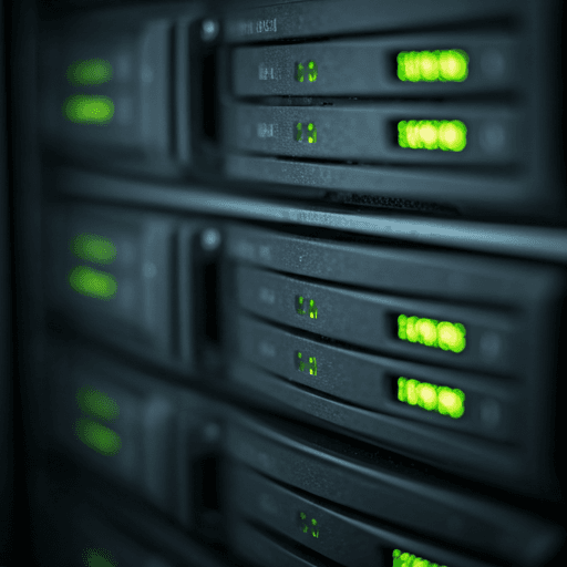 Server rack with green LED status indicators in a dark data center